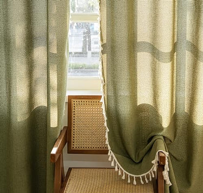 Sutuo Home Boho Curtains for Living Room 96 Inches Long, Bohemian Linen Textured Curtains with Tassels, Semi Blackout Farmhouse Drapes, Rod Pocket Window Treatments 2 Panels, 52" x 96", Olive Green - color: Olive Green Linen, size: 52"W x 96"L (Pack of 2)