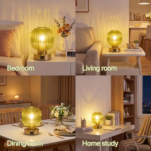 Elenhome Touch Small Table Lamp,Elegant Green Glass Bedside Lamp 3 Way Dimmable with USB C+A Charging Ports - Bedroom Nightstand & Living Room Essential, 4W Bulb Included (Green) - color: Green-USB1pack