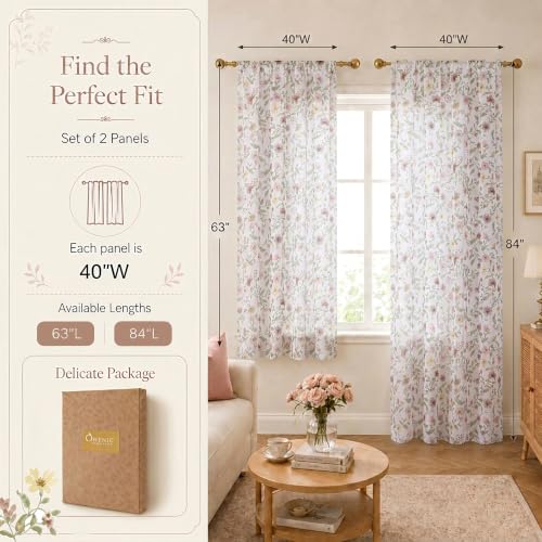 OWENIE Dusty Pink Watercolor Floral Printed Sheer Curtains 84 Inches Long - size: 40"W x 84"L (Pack of 2)