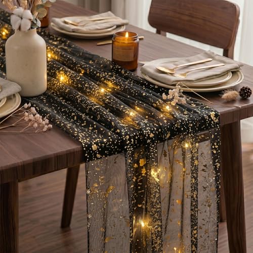 Artscope Lighted Black Gold Gauze Table Runner,Glitter and Foil Table Decor for Weddings Anniversary Birthday and Holiday Party Decorations – 28" x 120" - color: Black Gold