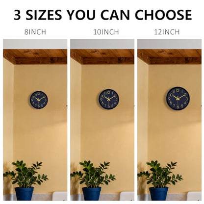 Silent Wall Clocks Battery Operated 8 Inch, Analog Wall Clock with Large Number Tempered Glass Clock Face, Navy Blue Quartz Non Ticking Wall Clocks for Living Room Bedroom Kitchen Office - color: Navy Blue, size: 8 Inch