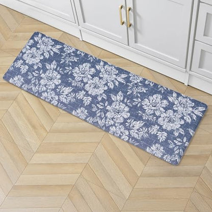 Laura Ashley - Anti-Fatigue Kitchen Mat, Iris Floral Design, Stain, Water & Fade Resistant, Cooking & Standing Relief, Non-Slip Backing, Measures 17.5" x 48", Navy Iris - color: Navy, size: 48"L x 17.5"W x 0.47"Th