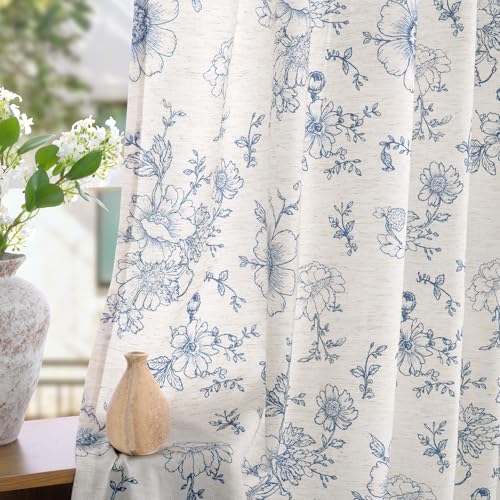 LAMIT Floral Linen Curtains 84 Inch Long for Living Room, Navy Blue - color: Navy Blue, size: 52"W x 84"L (Pack of 2)
