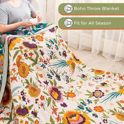 Flower and Bird Boho Throw Blanket for Bed Couch 50"×60" - color: Boho Flower-c, size: 50"x60"