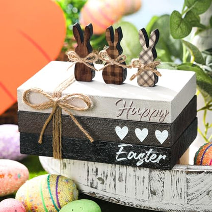 6 Pcs Easter Tiered Tray Decor Wooden Farmhouse Faux Stacked Books Easter Bunny Rabbit Decorative Table Centerpiece Block Signs for Party Home Kitchen Dining Table Decor - size: Happy Easter