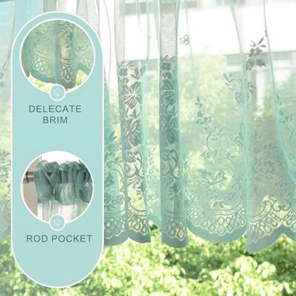 Molaxhome Kitchen Curtains Valance Blue Lace Floral Semi Sheer Curtain - color: Blue-green, size: 51"W x 16"L (Pack of 1)
