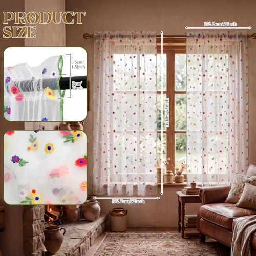 Gilprop White Floral Sheer Curtains for Window Embroidery Daisy Curtain Length 2 Panels Farmhouse Florals Vintage Seasonal Decor for Spring Summer Women Bedroom Living Room, 52 x 63 Inches - color: White, size: 52 x 63 Inches
