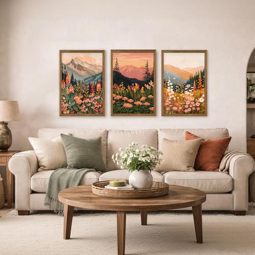 WRFON Botanical and Flower Canvas Wall Art, Framed Mountain Landscape Wall Art Set of 3, Wildflower Meadow Canvas Print, Rustic Nature Decor for Living Room Bedroom Cabin Lodge Farmhouse Decor, 12x16 - color: Mountain Landscape(Framed), size: 16"L x 12"W