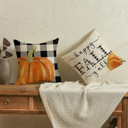 Fall Pillow Covers 18x18 Thanksgiving Farmhouse Decorations Buffalo Plaid Pumpkin Maple Leaf Outdoor Fall Decor Throw Pillow Covers Blessed Autumn Harvest Cushion Case for Sofa Couch Set of 4 - size: 18" x 18" (Pack of 4)