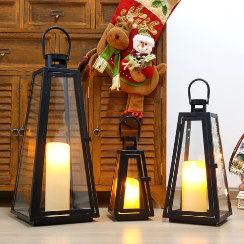 TRIROCKS Set of 3 Decorative Candle Lantern 11/16/21''H Metal Outdoor Candle Holder Hanging Lantern with Tempered Glass for Christmas Home Living Room Parties Event Indoors Outdoors (Black Triangle) - color: Black