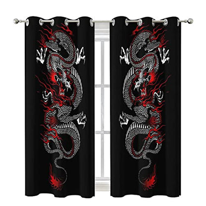 Fantasy Chinese Dragon Curtains - Cool Retro Black Red Japanese Anime Dragon Window Treatment Room Darkening Blackout Curtains Thermal Insulated Grommet Curtains 2 Panels 54L x 21W - color: Fantasy Chinese Dragon, size: 42"W x 54"L (Pack of 1)