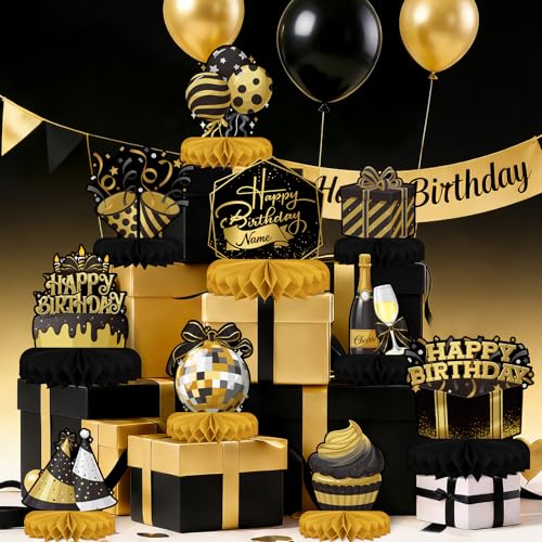 Happy Birthday Decorations Set - Black and Gold Birthday Themed Honeycomb Centerpiece, Table Decoration for Women Men Black and Gold Party Decorations - style: Black Birthday