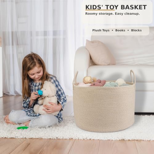 XUANGUO 66L Large Blanket Basket, Round Cotton Rope Basket, Oatmeal - color: Oatmeal