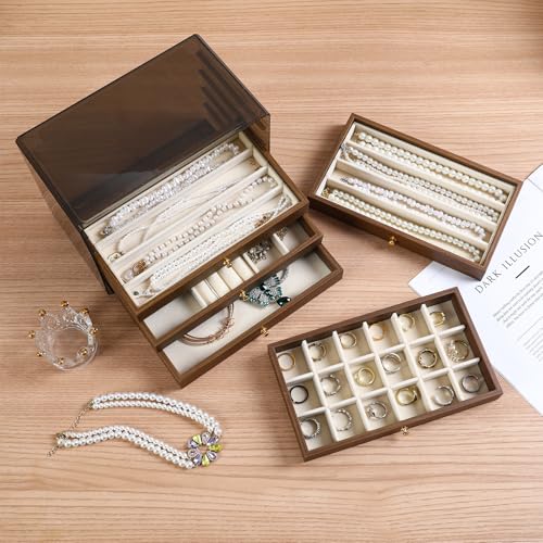 CLUQMEIK 5 Layer Large Wooden Jewelry Box with Acrylic Lid and Wooden Drawers, Stackable Jewelry Organizers and Storage Box for Women and Girls to Storing Rings Earrings Necklaces Bracelets - color: D, size: 5 Drawer