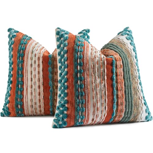 AmHoo Set of 2 Chenille Tufted Striped Textured Boho Throw Pillow Covers Aesthetic Woven Decorative Pillow Case for Couch Bed Sofa Bedroom Modern Funky 18 x 18-Inch Turquoise Multicolor - color: Turquoise Multicolor, size: 18" x 18" (Pack of 2)