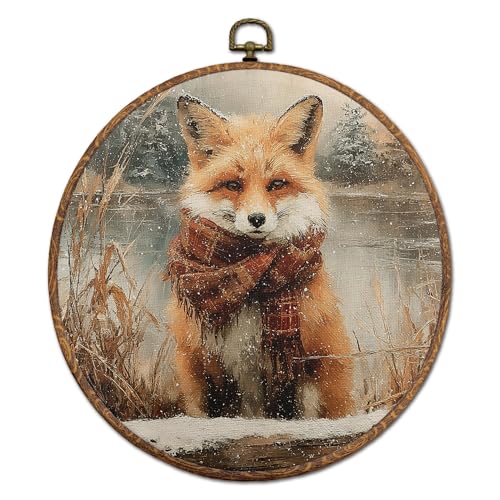 DOFQZ Winter Snowy Fox Round Wall Art Decor, Vintage Christmas Fox Framed Wall Art, Rustic Cozy Christmas Wildlife Canvas Wall Hanging Decor for Home Bedroom Living Room, 10x10 - color: 02Child