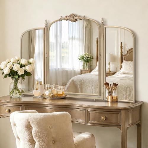 Besdomus Gold Vanity Trifold Mirror: 40"x28" Vintage Arch Three Way Mirrors - color: Champagne Gold, size: 28"L x 40"W