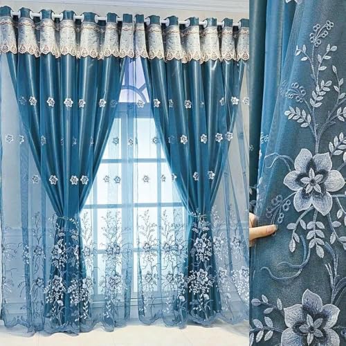 Amidoudou 1 Pair European Double Layer Curtains for Living Room Bedroom Luxury Flower Embroidered Curtains with Valance (Blue,52x95 Inch) - color: Blue, size: 52"W x 95"L (Pack of 2)