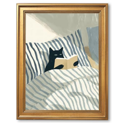 EQUEEN Black Cat Reading Poster Cozy Wall Art Bedroom Wall Decor Book Lover Canvas Print For Bedroom Library Office24x36inch Golden frame - color: style-2, size: 24"L x 36"W