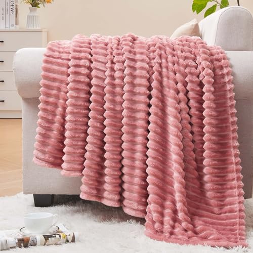 BEDELITE 3D Ribbed Jacquard Pink Fleece Throw Blanket for Couch, 50x60 Inch - color: Dusty Pink, size: Throw(50"x60")
