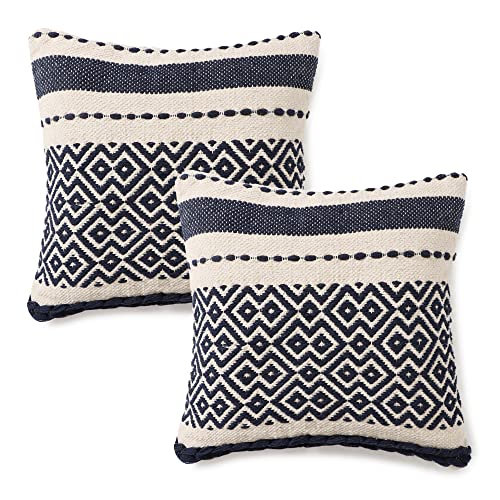 · REDEARTH · Boho Textured Throw Pillow Cases - Cushion Covers Hand Woven Tufted Decorative Farmhouse Fall Set for Couch - Sofa - Dining - Covered Patio - 100% Cotton (18x18 ; Indigo) Pack of 2 - color: Marquise Indigo, size: 18" x 18" (Pack of 2)