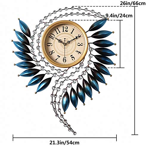 Crystal Metal Wall Clock Silent Non Ticking - 26"×21" Quality Quartz Battery Operated, Decorative for Kitchen, Living Room, Bedroom, Bathroom, Bedroom, Office