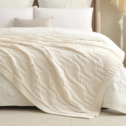 Amélie Home Chenille Knit Throw Blanket, Cream White 60"x80" - color: Cable Cream White, size: 60" X 80"