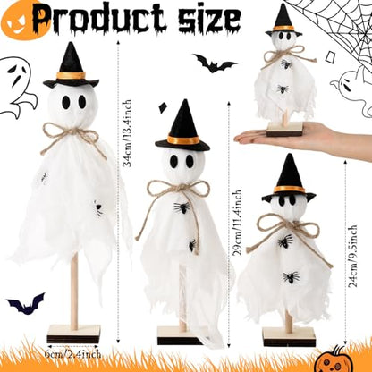 Tellegloww 3 Pcs Halloween Ghost Centerpieces Wooden Stand with Witch Hat