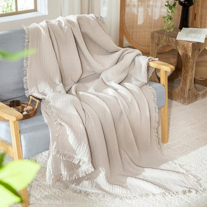 MooMee 100% Cotton Muslin Blanket Fringed 4-Layer Gauze Bed Throw, King - color: Cream Grey, size: King