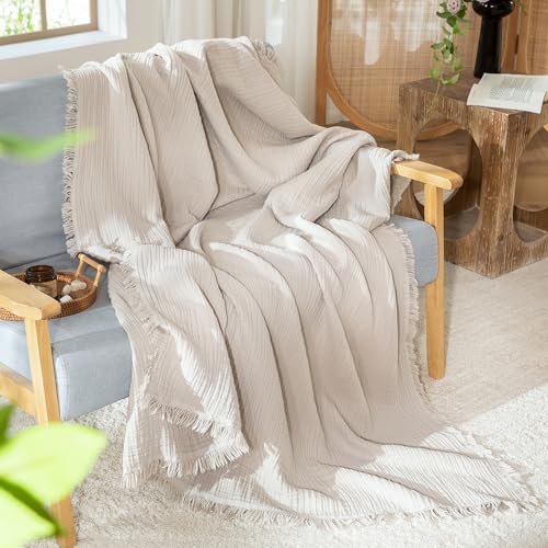 MooMee 100% Cotton Muslin Blanket, Fringed 4-Layer Gauze Bed Couch Throw - color: Cream Grey, size: Throw