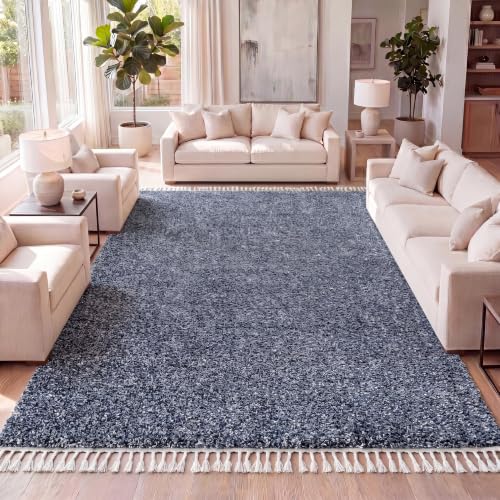 JONATHAN Y Mercer Shag Plush Tassel Denim Blue Indoor Area Rug, 5x8, Contemporary, Modern, Easy-Cleaning for Living Room, Bedroom, Kitchen, Pet Friendly, Non-Shedding (MCR100C-5) - color: Denim Blue With Tassel, size: 5'3" x 7'6" (Rectangular)