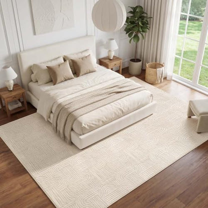 Etwel 8x10 Beige Modern Geometric Textured High-Low Pile Washable Area Rug - color: Neutral Beige, size: 8' x 10'