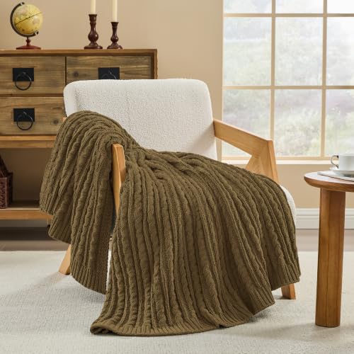 Sea Blue Cable Knit Throw Blanket,Extra Thick Cozy Sofa Blanket 50x60 - color: Dark Khaki, size: 50"x60"