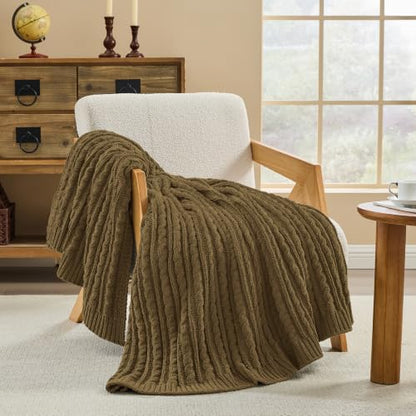 Sea Blue Cable Knit Throw Blanket,Extra Thick Cozy Sofa Blanket 50x60 - color: Dark Khaki, size: 50"x60"