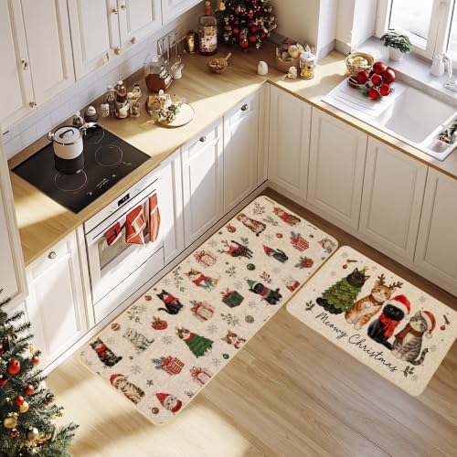 Baccessor Meowy Christmas Kitchen Rugs Set of 2 Cats 17x29 and 17x47 Inch - color: Cute Cats