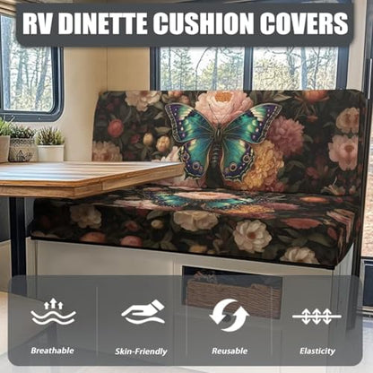 Butterfly Peony Print 2 Pcs RV Dinette Cushion Covers Non-Slip Sofa Furniture Protector Comfortable 2 Seat Sofa Chair Cover Slipover for Travel Trailer Couch - color: Butterfly Peony