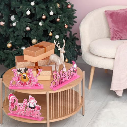 Blulu 3 Pcs Pink Christmas Wooden Signs Tabletop Farmhouse Centerpieces - color: Pink
