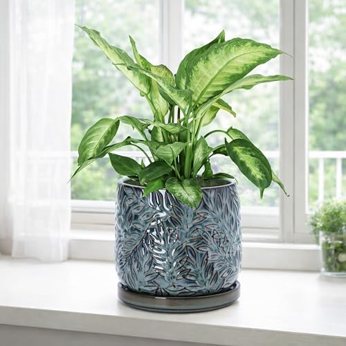 D'vine Dev Embossed Leaves Ceramic Planter, 6 in, Ocean Teal, 27-A-X-8 - color: Ocean Teal, size: 6 Inch