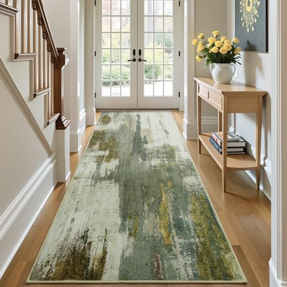 Kelarea Washable Runner Rug 2.6x8, Non-Slip Low Pile Abstract Green - color: Green, size: 2'6" x 8' (Rectangular)