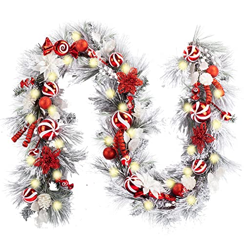 WANNA-CUL Pre-Lit 9ft Christmas Garland with Lights 50 LED Red White Bauble - color: 04-red White