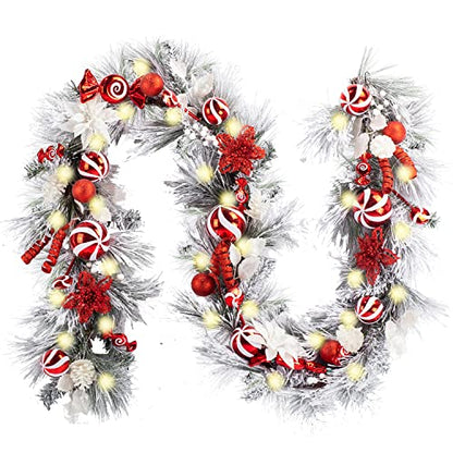 WANNA-CUL Pre-Lit 9ft Christmas Garland with Lights 50 LED Red White Bauble - color: 04-red White