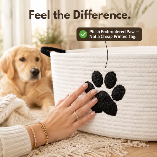 Dog Toy Basket with Handles, Cotton Rope Storage Bin Organizer for Pets - color: White/Black