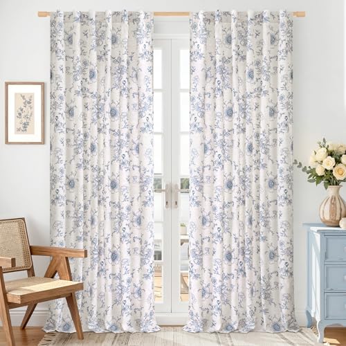 LAMIT Floral Linen Curtains 84 Inch Long for Living Room, Navy Blue - color: Navy Blue, size: 52"W x 84"L (Pack of 2)