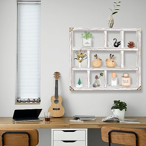 17.7x15.7-Inch Shadow Box Shelf 9-Slot Rustic Wood Floating Shelves Larger Shelf Lightweight Solid Wood Display(Set of 2,9C-Rustic White) - color: 9c-rustic White, size: 2 PCS