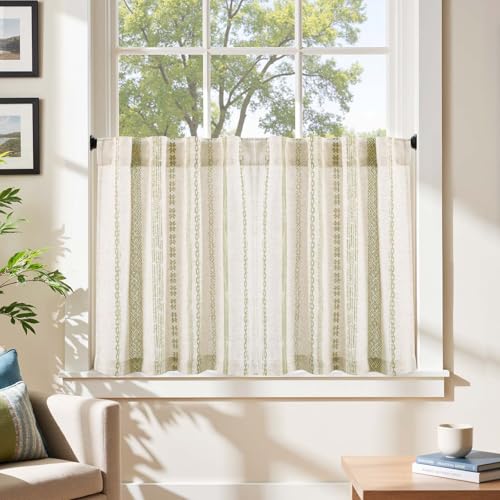jinchan Liora Green Boho Linen Tier Curtains 24 Inches Back Tab 2 Panels - color: Liora | Green on Linen, size: 26"W x 24"L (Pack of 2)