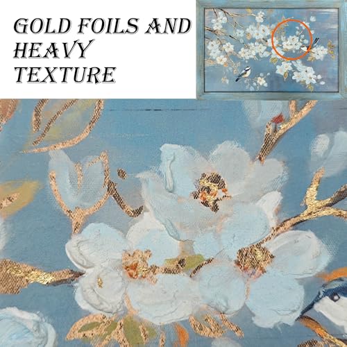 TAR TAR STUDIO Gilded Birds on White Blossom Branches Wall Art, 36" Lx24 W - color: Birds on White Blossom, size: 36"L x 24"W
