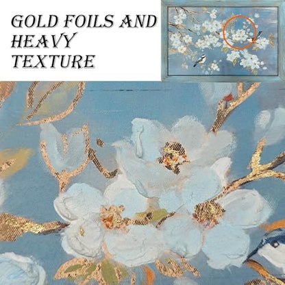 Gilded Birds on White Blossom Branches Framed Wall Art, Soft Blue, 24"x16" - color: Birds on White Blossom, size: 24"L x 16"W
