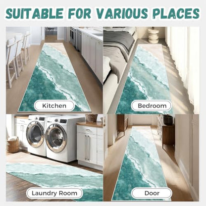 Beach Pattern 2.6x8ft Runner Rug Non Slip Washable Kitchen Runner Rug with Rubber Backing，Low-Pile Soft Washable Runner Rugs for Hallway Entryway Kitchen Bedroom Living Room Bathroom，Teal - color: Teal Beach, size: 2'6" x 8' (Rug)