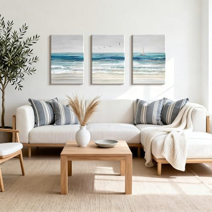 WENGTIAO 3Pcs Abstract Blue Beach Ocean Canvas Wall Art Paintings 16"x24" - color: Abstract Blue Ocean, size: 16"x24"x3Pcs