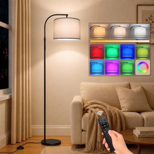 Ascher 2000LM Super Bright Floor Lamp, 18W LED Standing Lamp with 3000K-6000K & 7 RGB Colors, Remote & Foot Control, Adjustable Height, Dimmable Tall Lamp for Living Room Bedroom (Beige Flaxen Shade) - size: 65-71 Inches